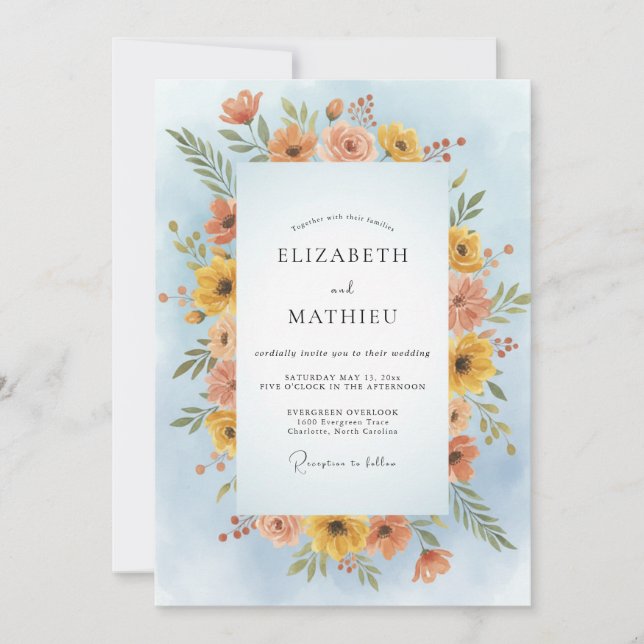 Invitation Mariage Fleur de Corail Poussiéreux Azur (Devant)