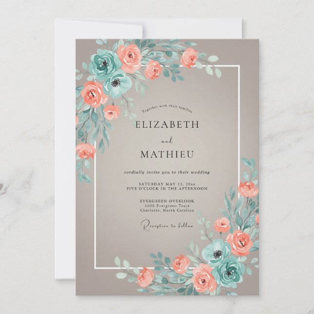 Invitation Mariage Fleur de Corail Romantique Sarcelle (Devant)