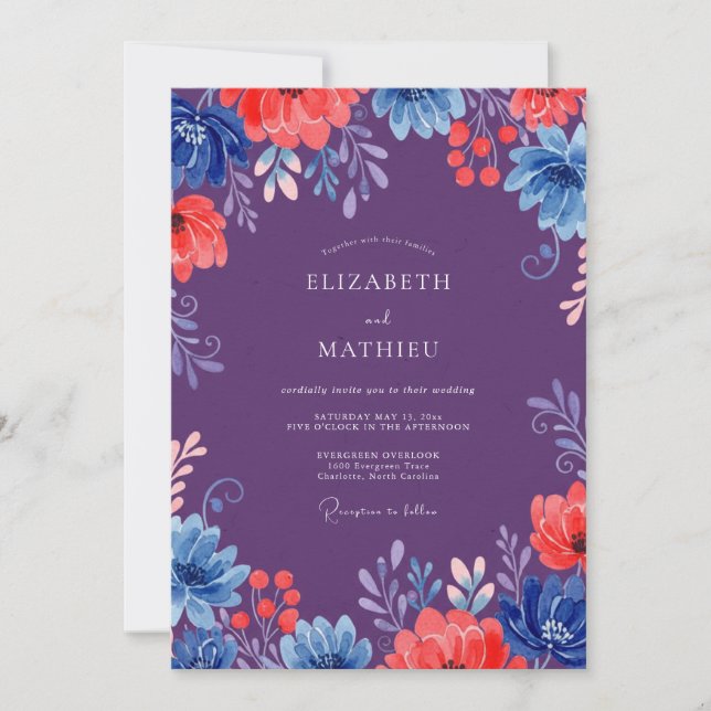 Invitation Mariage Fleur de Corail Rouge Baies de Prunier (Devant)