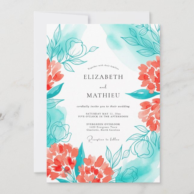 Invitation Mariage Fleur de Corail Sarcelle (Devant)