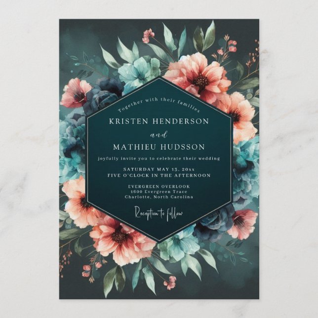 Invitation Mariage Fleur de Corail Sombre de Nuit (Devant)
