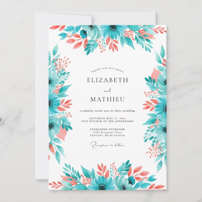 Invitation Mariage Fleur de Corail Turquoise (Devant)