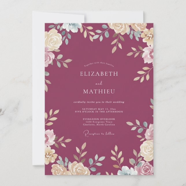 Invitation Mariage Fleur de Crème Chaude Prune (Devant)