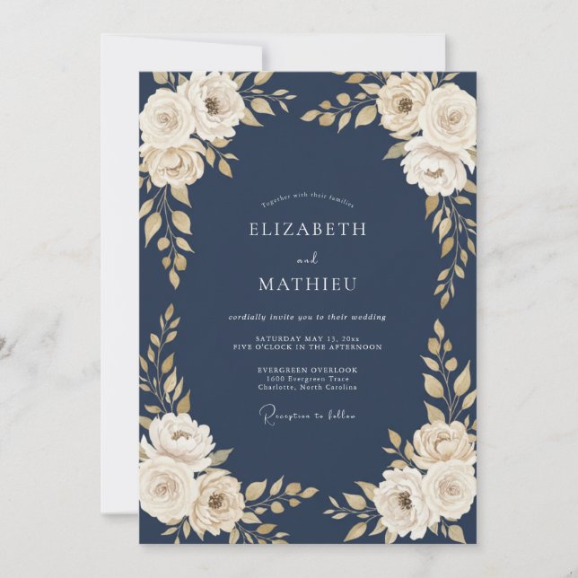 Invitation Mariage Fleur de Crème de Minuit (Devant)