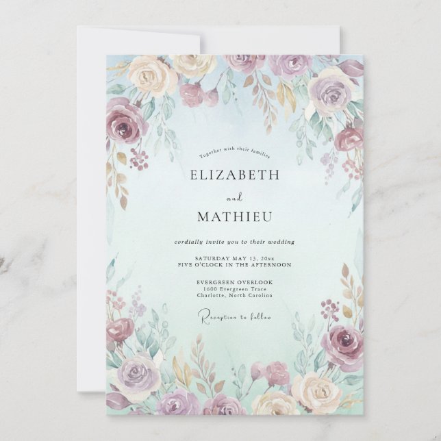 Invitation Mariage Fleur de Crème d'Ivoire au Prune (Devant)