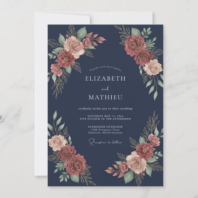Invitation Mariage Fleur de Cuivre de Minuit (Devant)