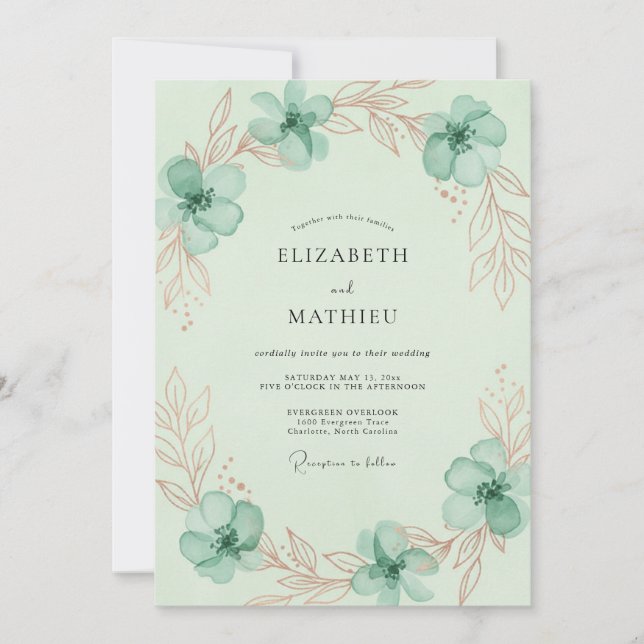 Invitation Mariage Fleur de Cuivre Menthe (Devant)