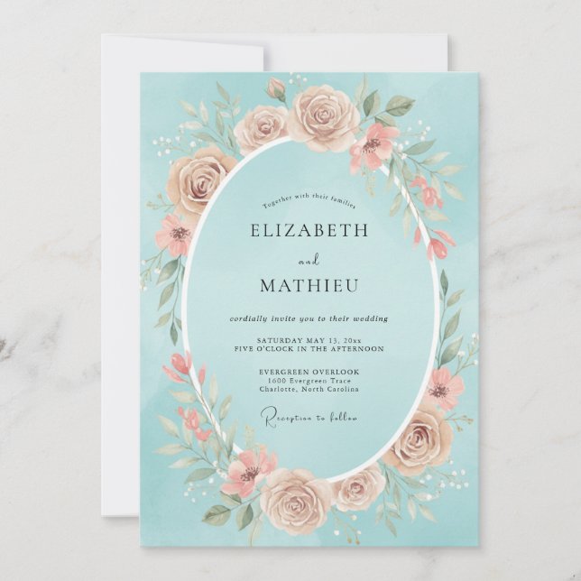 Invitation Mariage Fleur de Cyan Blush (Devant)