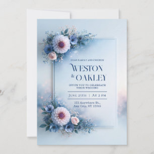 Invitation Mariage Fleur de Dahlia Poudre Cadre Bleu