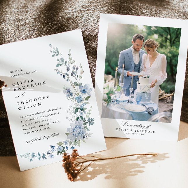 Invitation Mariage Fleur de Fauvette Bleu Poussiéreux avec Ph (Dusty Blue Wildflower Photo Wedding Invitation, botanical watercolor blue floral wedding invite)
