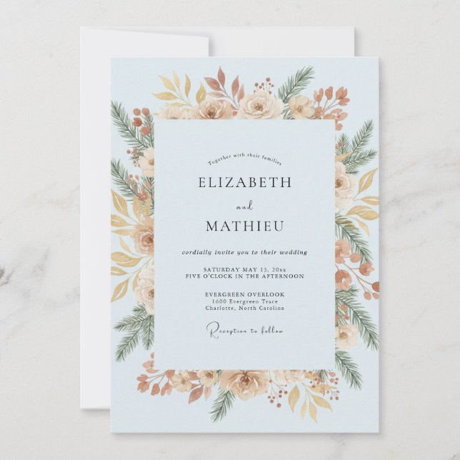 Invitation Mariage Fleur de Feuillage Azur (Devant)