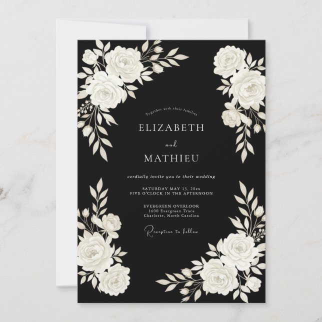 Invitation Mariage Fleur de Fleur d'Ivoire Noir (Devant)