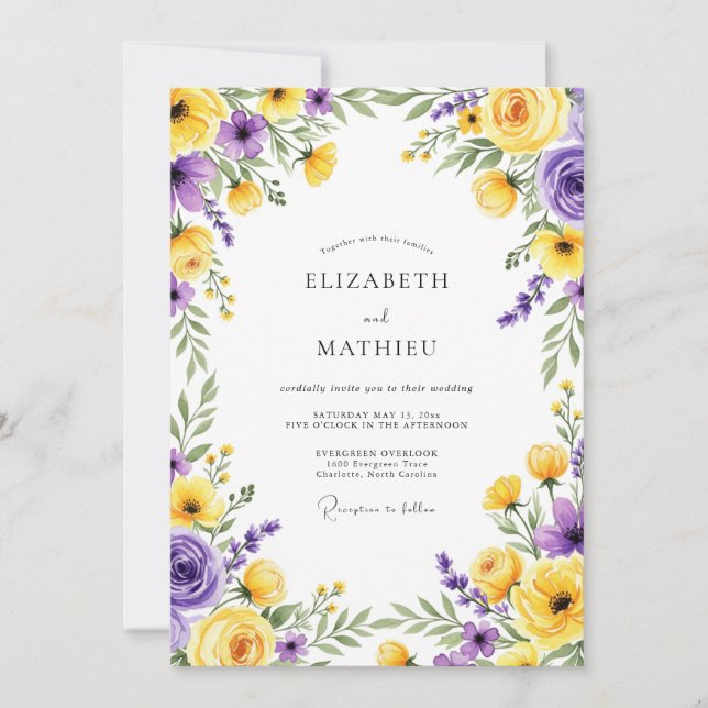 Invitation Mariage Fleur de Floraison Jaune Violet (Devant)
