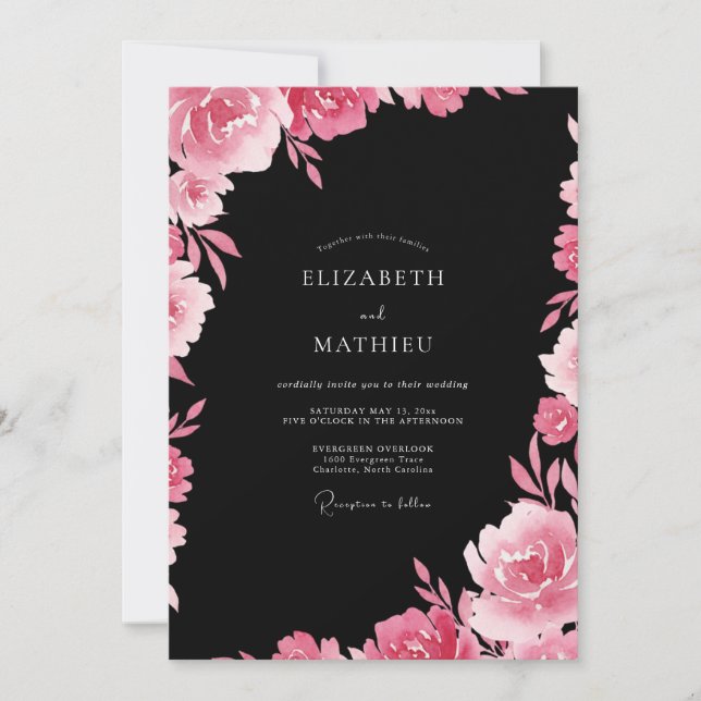 Invitation Mariage Fleur de Fuchsia Noir (Devant)