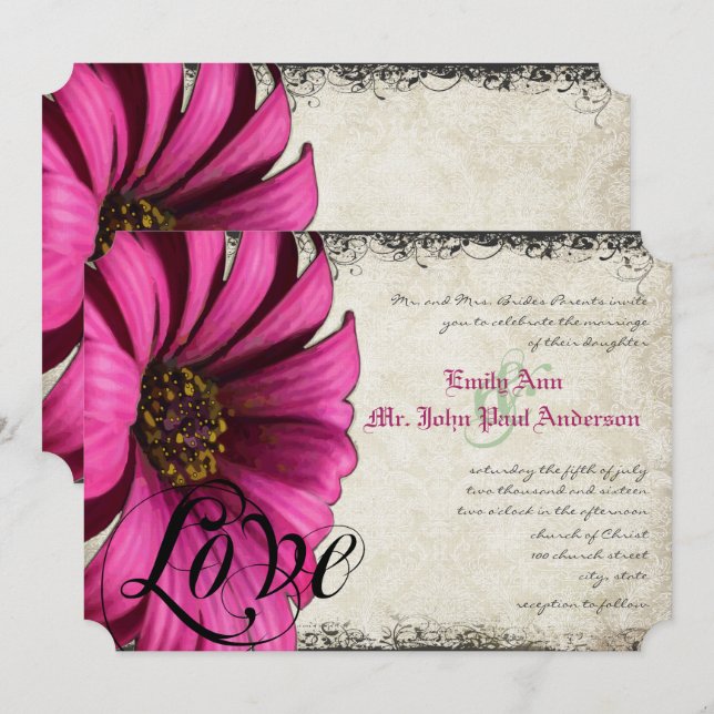 Invitation Mariage Fleur de Gérbera Rose Fuchsia (Devant / Derrière)