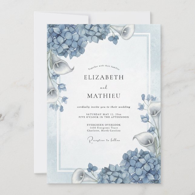Invitation Mariage Fleur de Hortensia Bleu Poussiéreux (Devant)