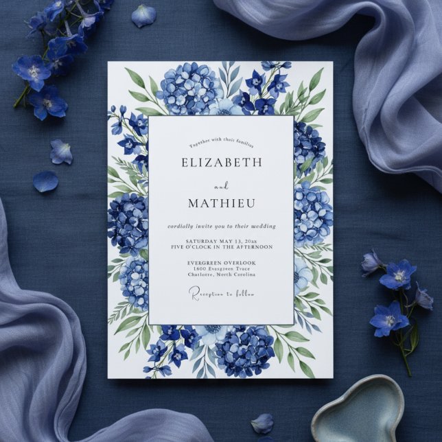 Invitation Mariage Fleur de Hortensia Bleu Royal (Créateur téléchargé)
