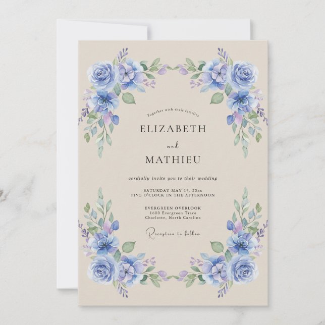 Invitation Mariage Fleur de Laurier Pervenche (Devant)