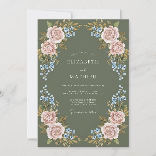 Invitation Mariage Fleur de Laurier Rose Poussiéreux (Devant)