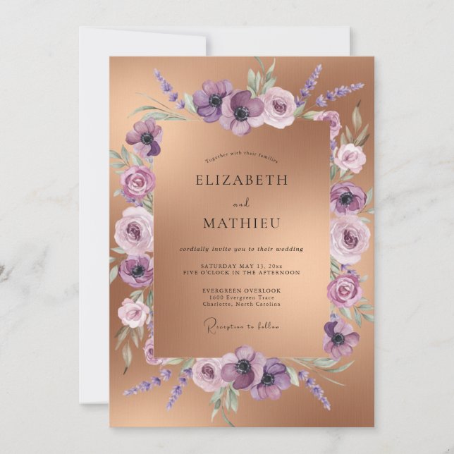 Invitation Mariage Fleur de Lavande en Or Rose (Devant)