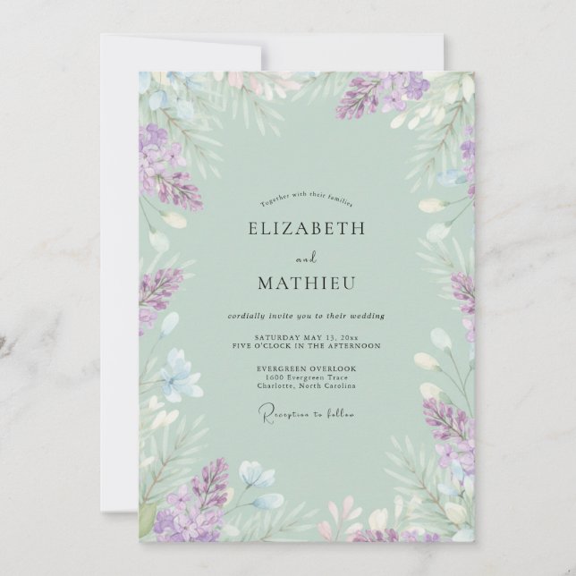 Invitation Mariage Fleur de Lavande Pâle Menthe (Devant)