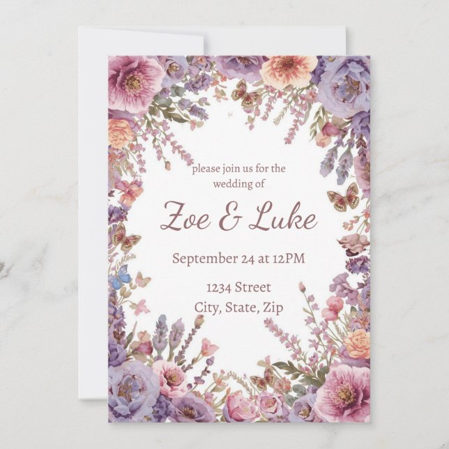 Invitation Mariage Fleur de Lavande Rose Séchée et Pressée (Devant)