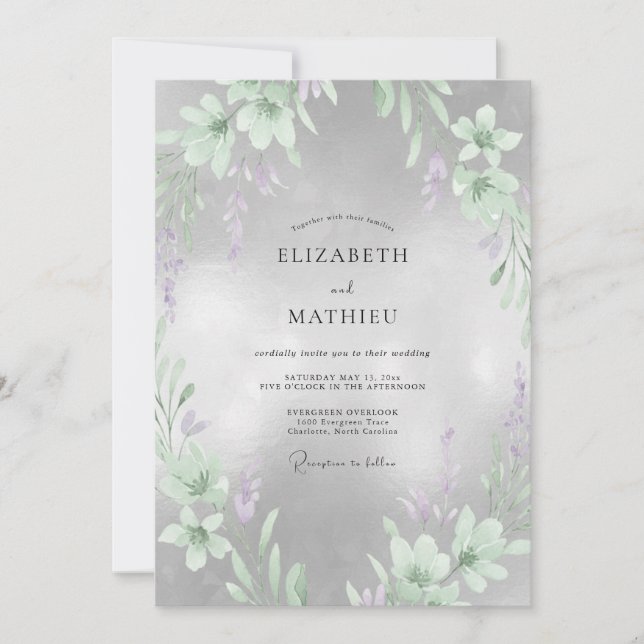 Invitation Mariage Fleur de Lilas Argenté (Devant)