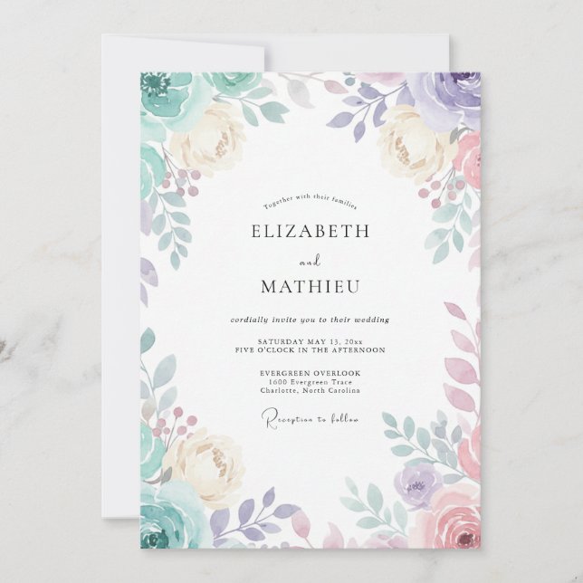 Invitation Mariage Fleur de Lilas Poussiéreuse Menthe (Devant)