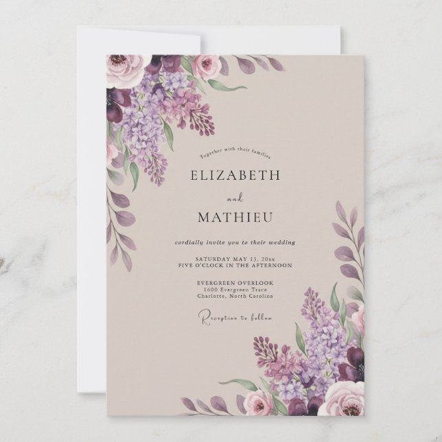 Invitation Mariage Fleur de Lilas Poussiéreux (Devant)