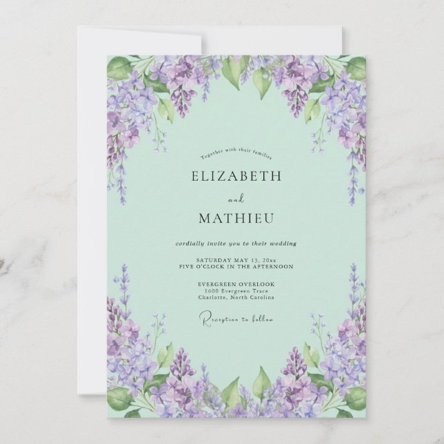 Invitation Mariage Fleur de Lilas Wisteria Menthe Douce (Devant)