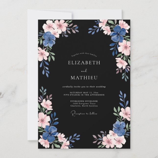 Invitation Mariage Fleur de l'Indigo Noir (Devant)