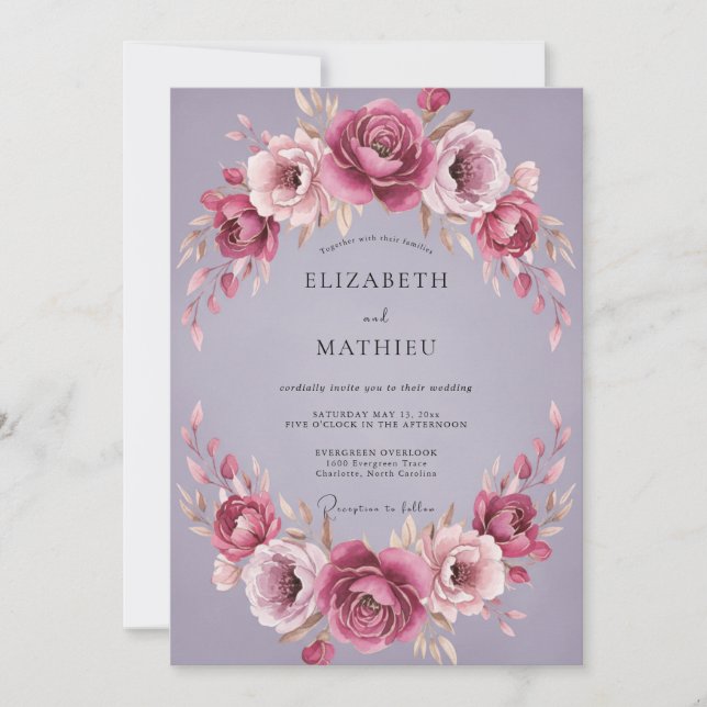 Invitation Mariage Fleur de Lys Améthyste Poussiéreuse (Devant)