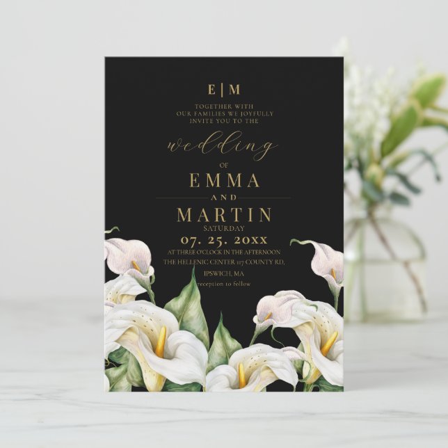Invitation Mariage Fleur de Lys Noir et Délicat Calla (Debout devant)