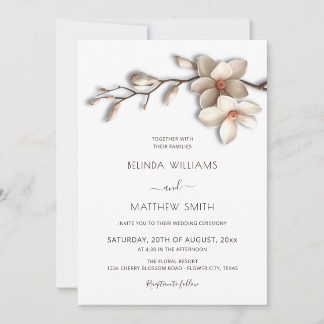 Invitation Mariage Fleur de Magnolia 3D Élégant (Devant)
