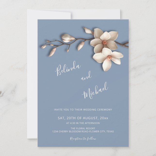 Invitation Mariage Fleur de Magnolia en Relief Faux Blanc (Devant)