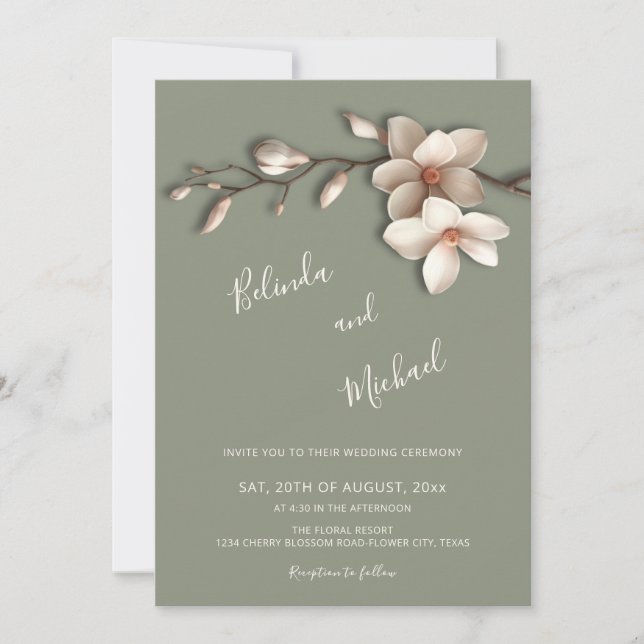 Invitation Mariage Fleur de Magnolia en Relief Faux Blanc (Devant)