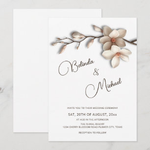 Invitation Mariage Fleur de Magnolia en Relief Faux Blanc
