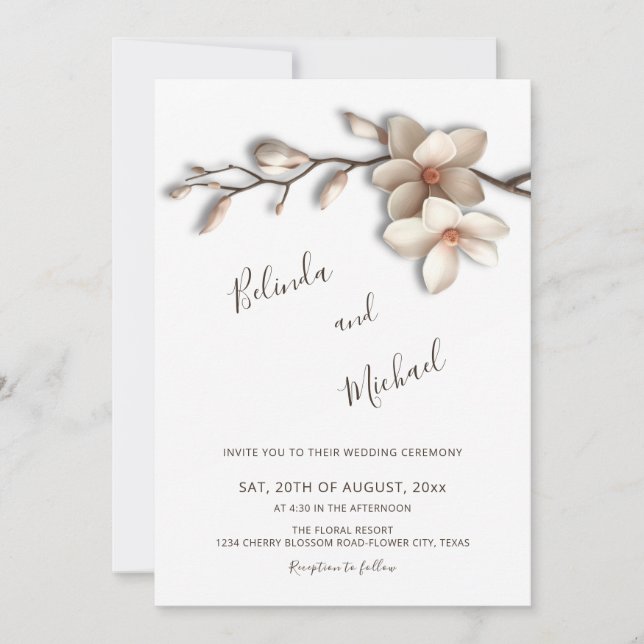 Invitation Mariage Fleur de Magnolia en Relief Faux Blanc (Devant)