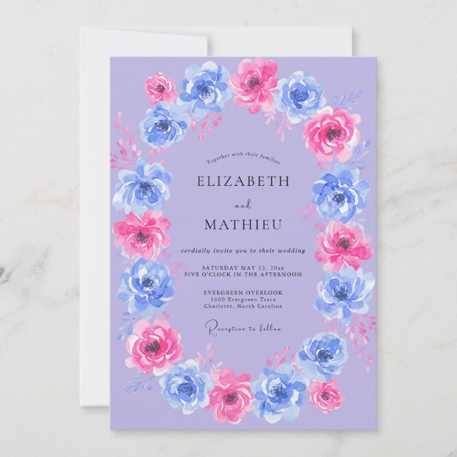 Invitation Mariage Fleur de Magnolia Pervenche Doré (Devant)