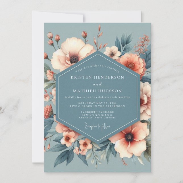 Invitation Mariage Fleur de Mariage Bleu Poussiéreux (Devant)