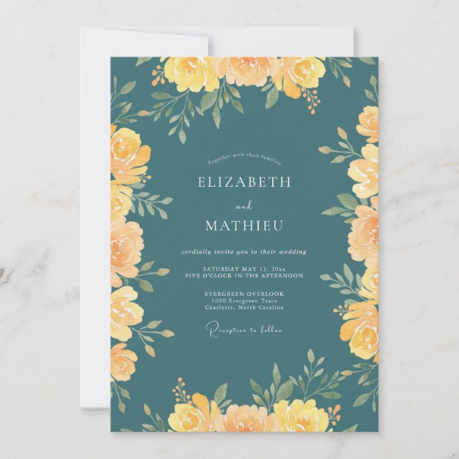 Invitation Mariage Fleur de mariage en or et sarcelle tendre (Devant)