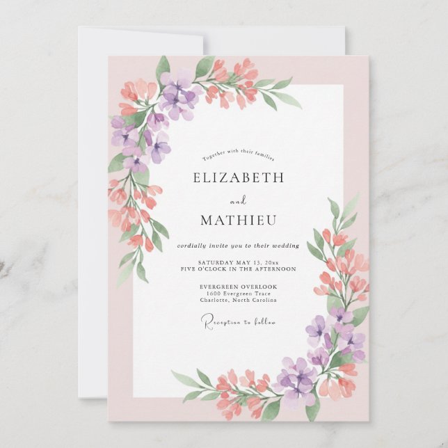 Invitation Mariage Fleur de Mauve Corail Douce (Devant)