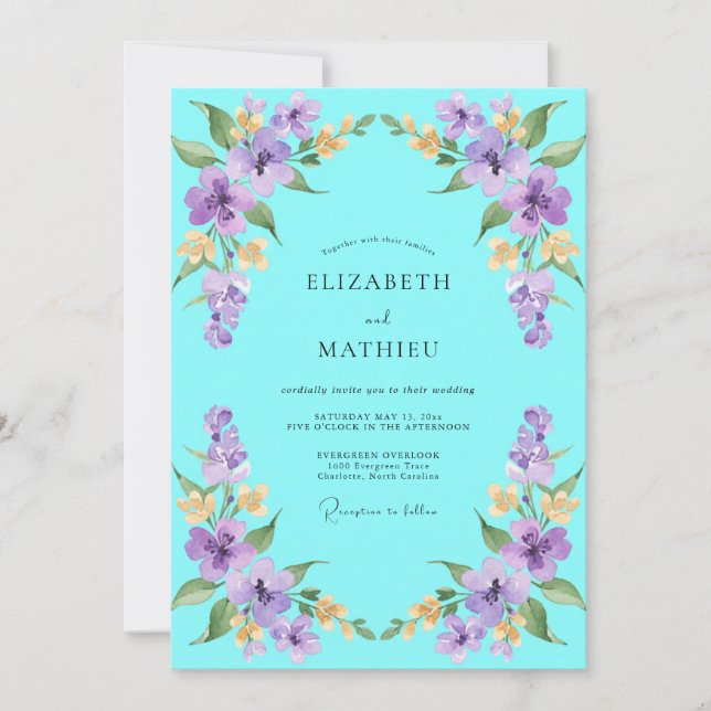 Invitation Mariage Fleur de Mauve Turquoise (Devant)