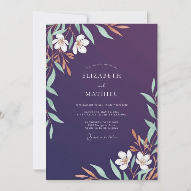 Invitation Mariage Fleur de Menthe Aubergine (Devant)