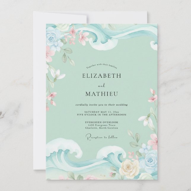 Invitation Mariage Fleur de Mint Aqua (Devant)