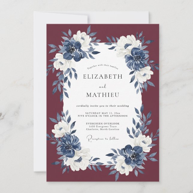 Invitation Mariage Fleur de Minuit Eucalyptus Vin (Devant)