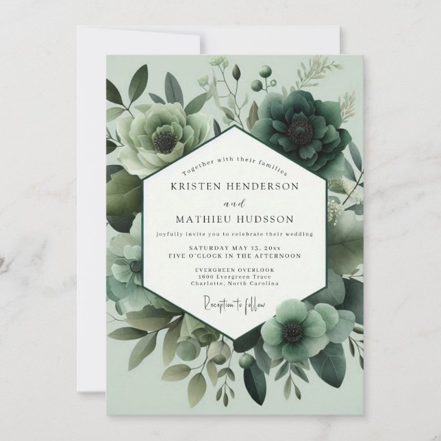 Invitation Mariage Fleur de Monochrome Vert Sauge (Devant)