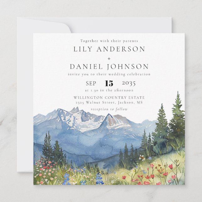 Invitation Mariage Fleur de Montagne à l'Aquarelle (Devant)