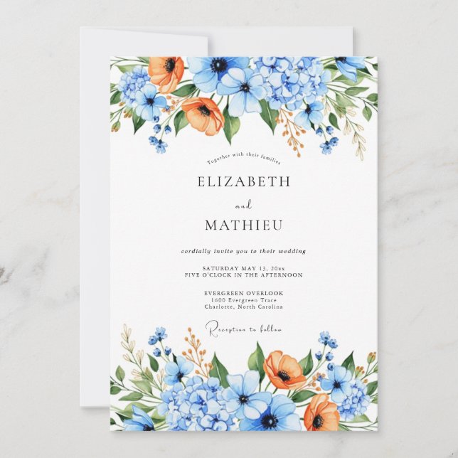 Invitation Mariage Fleur de Nature Orange Bleu (Devant)