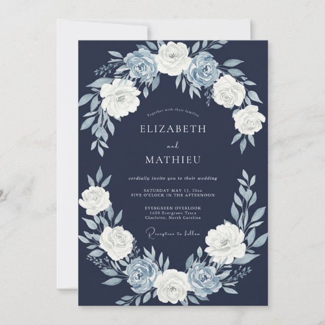 Invitation Mariage Fleur de Navy Blue (Devant)
